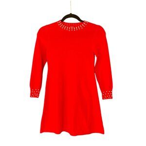 NWT Red Knit Dress W/ Pearl Embellished Neck & Cuffs By Poppies And Roses Size M